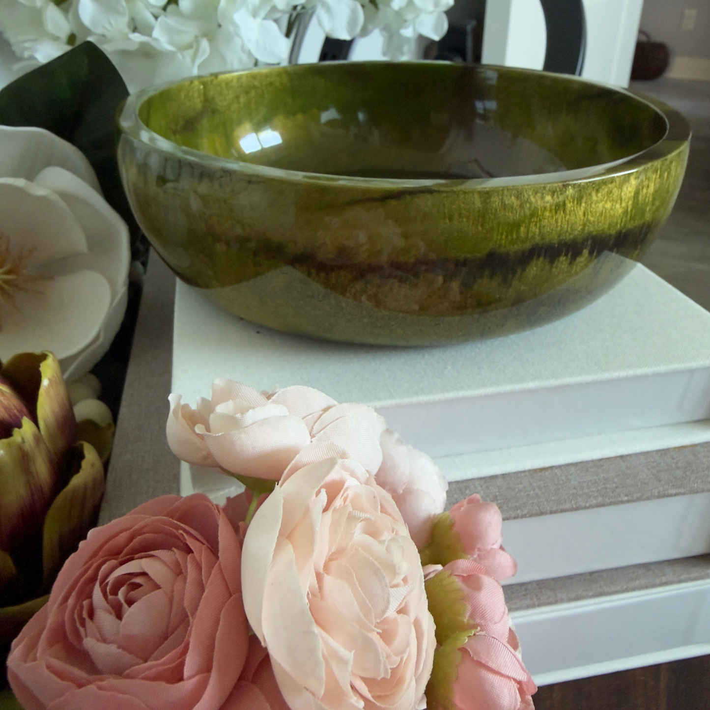 Agate Inspired Resin Bowl with Green, Gold, and Espresso Highlights