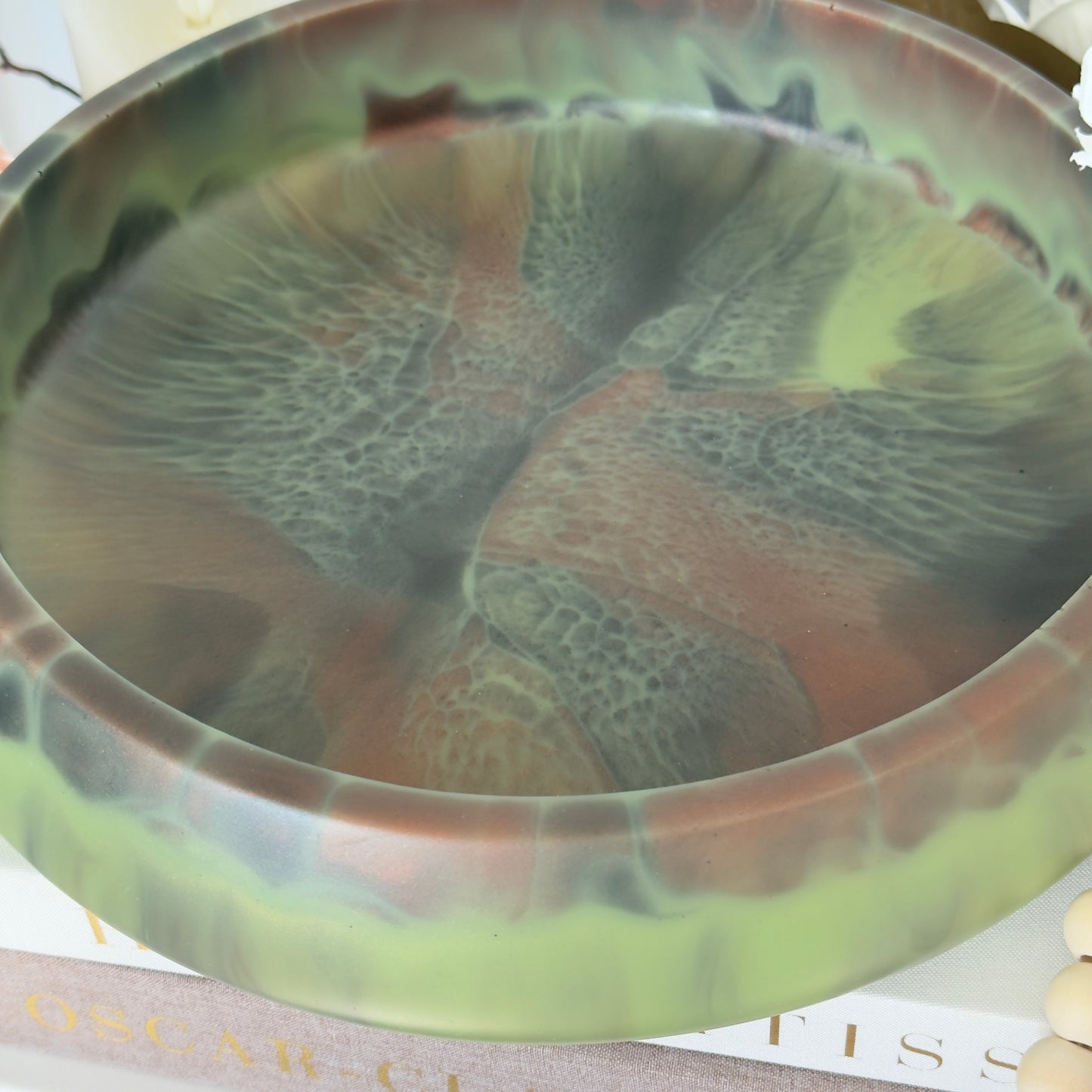 Large 12” Tortoise Serpentine Green Resin Fruit Bowl