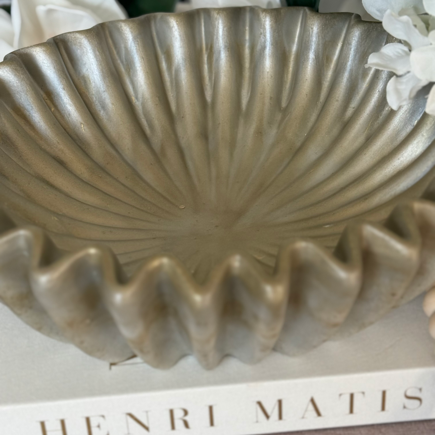 Large Travertine Pleated Resin Bowl - Stone Inspired Minimalist Bowl
