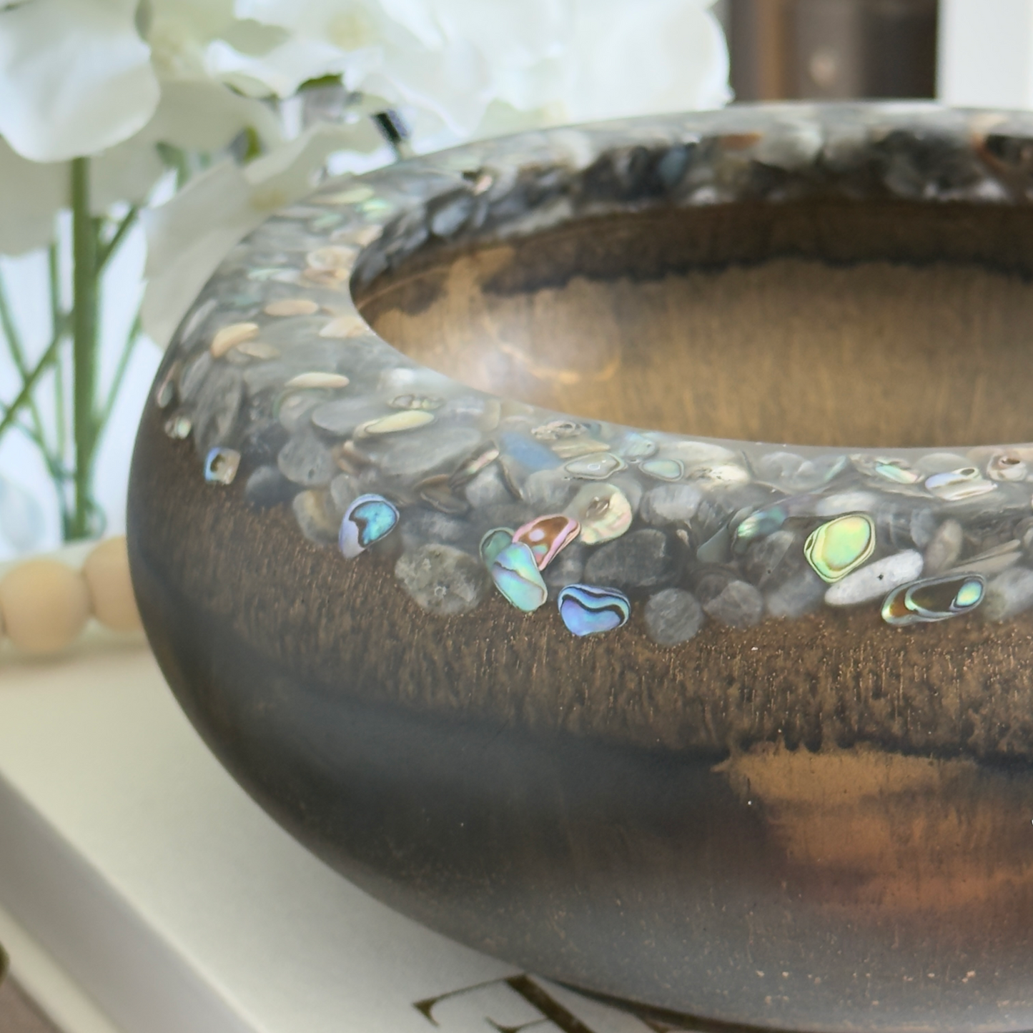 Wood Inspired Resin Bowl with Abalone Rim