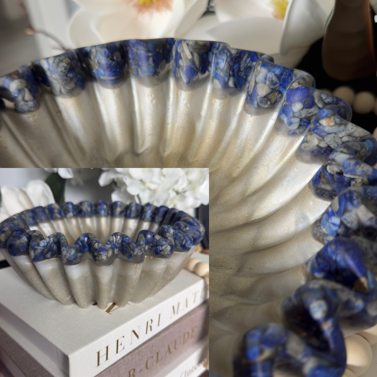 Travertine Pleated Resin Bowl with Lapis Rim | Stone Inspired Minimalist Bowl