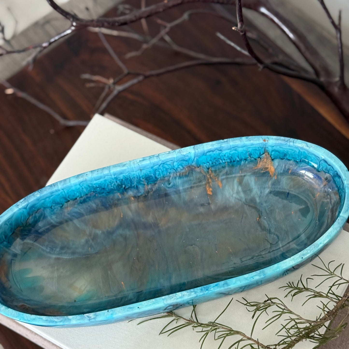 Turquoise Inspired Oval Bowl - Handcrafted Blue Resin Oval Bowl