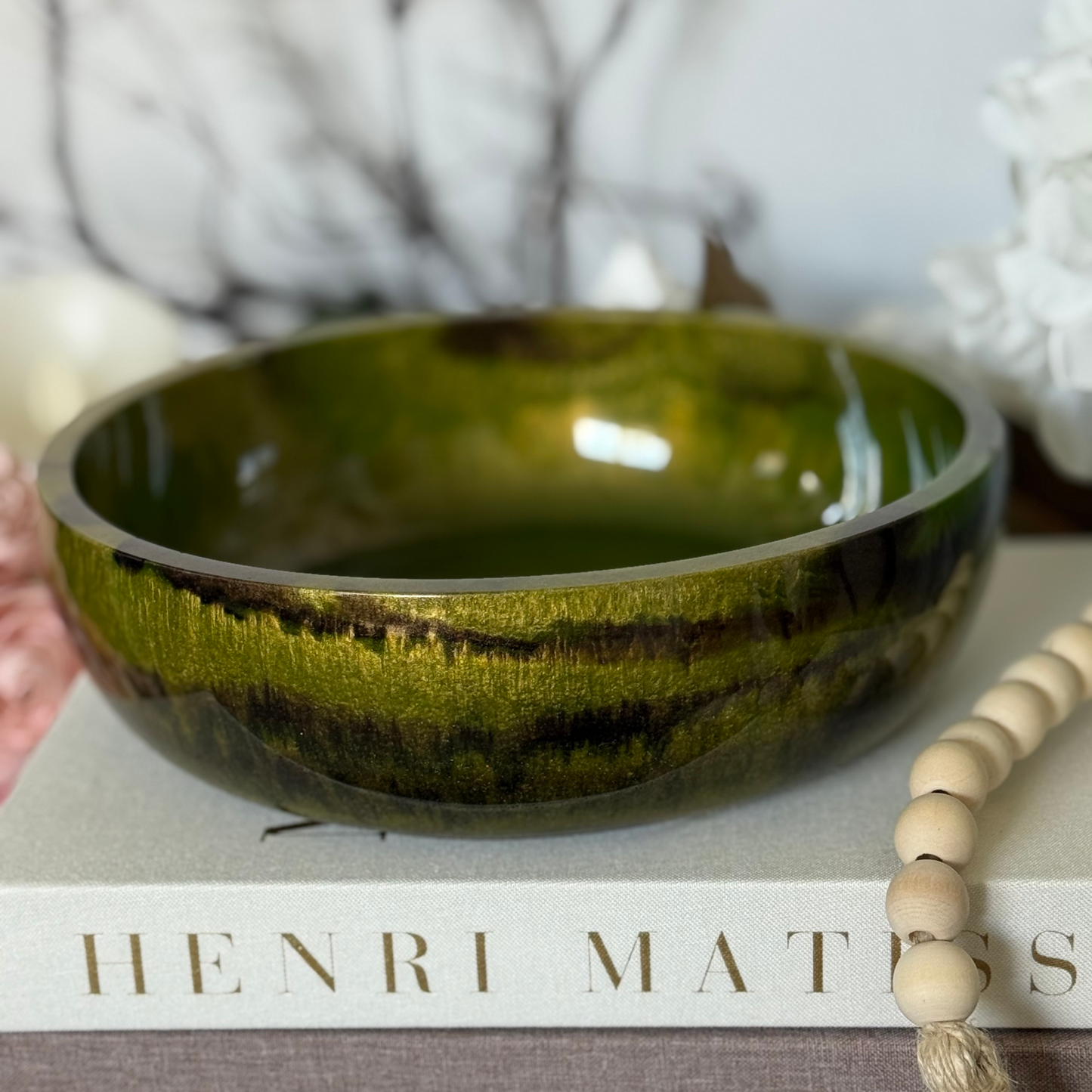 Agate Inspired Resin Bowl with Green, Gold, and Espresso Highlights