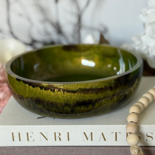 Agate Inspired Resin Bowl with Green, Gold, and Espresso Highlights