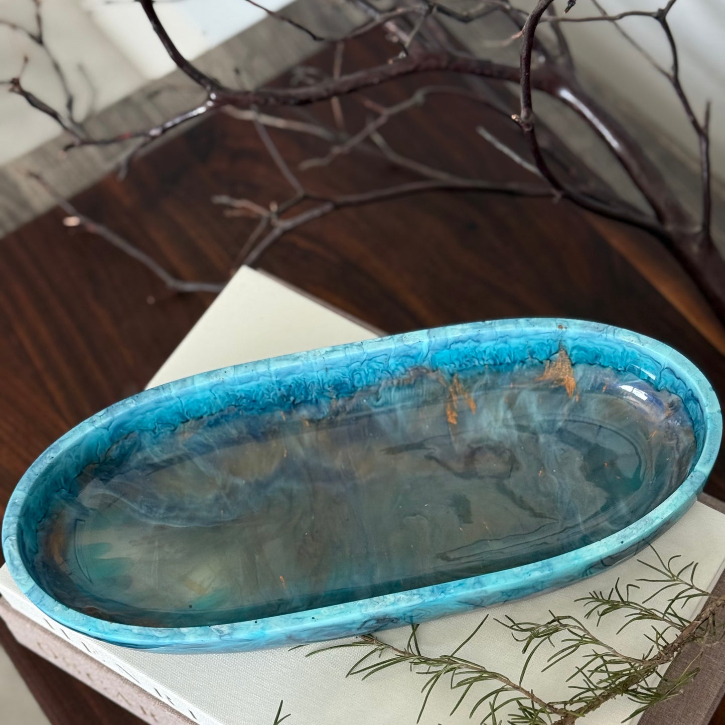 Turquoise Inspired Oval Bowl - Handcrafted Blue Resin Oval Bowl