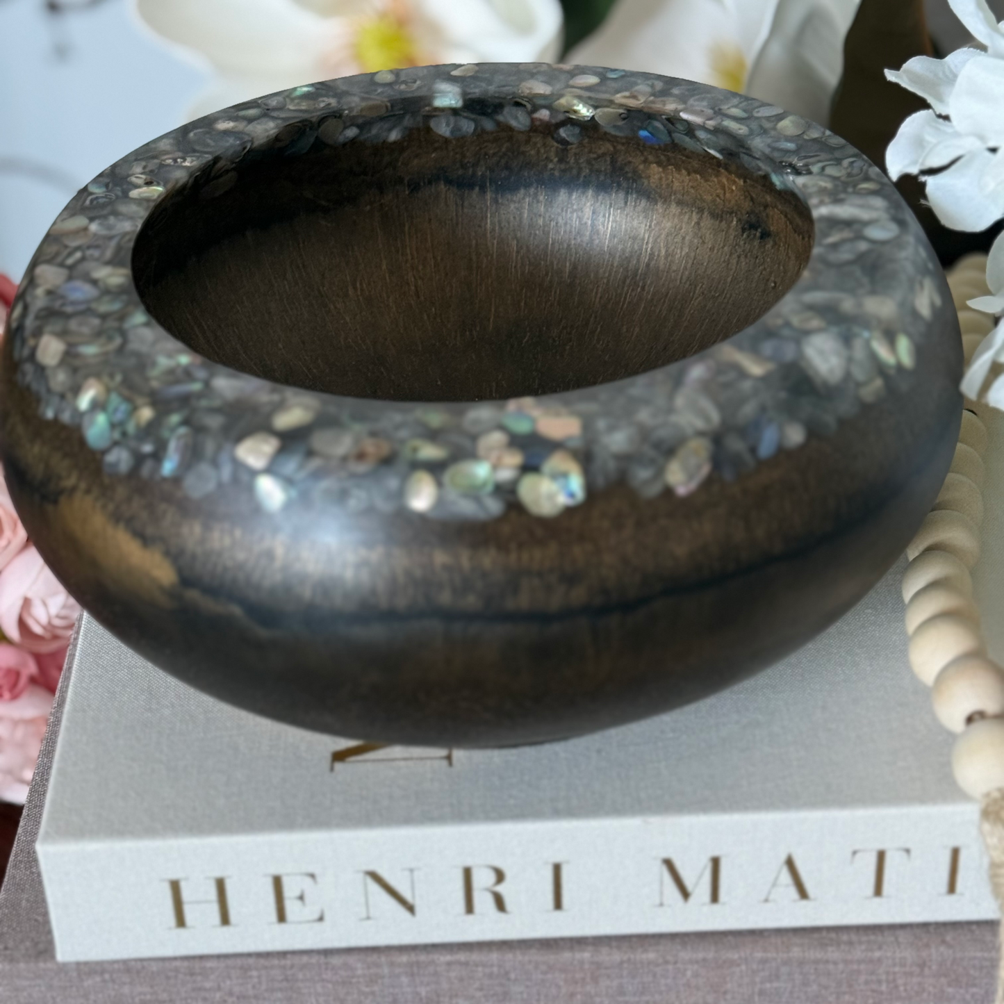 Wood Inspired Resin Bowl with Abalone Rim