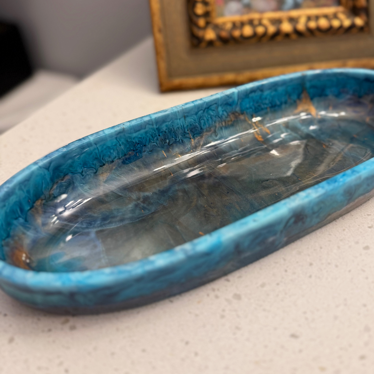 Turquoise Inspired Oval Bowl - Handcrafted Blue Resin Oval Bowl