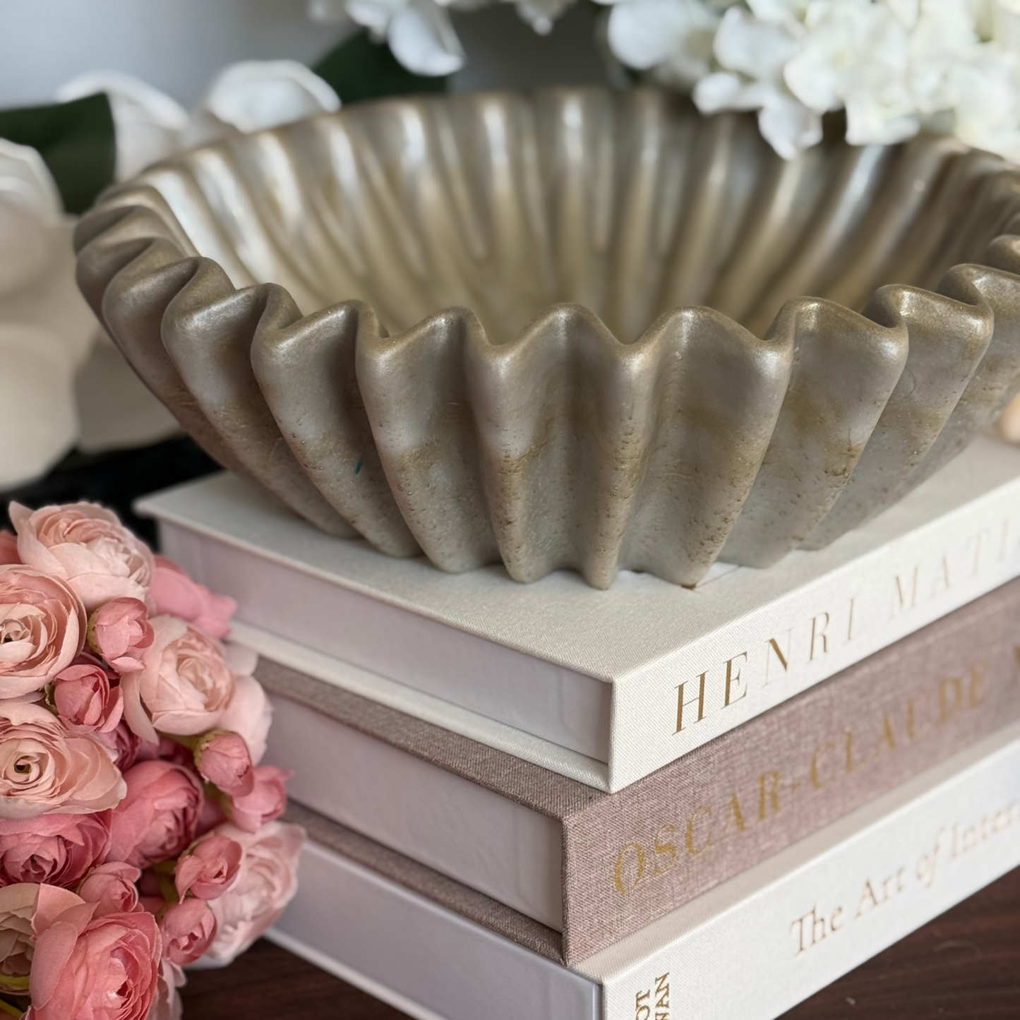 Large Travertine Pleated Resin Bowl - Stone Inspired Minimalist Bowl