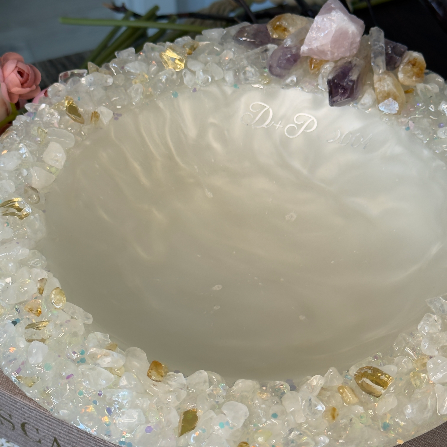 Personalized Wedding Bowl with Crystals – Custom Initials & Date