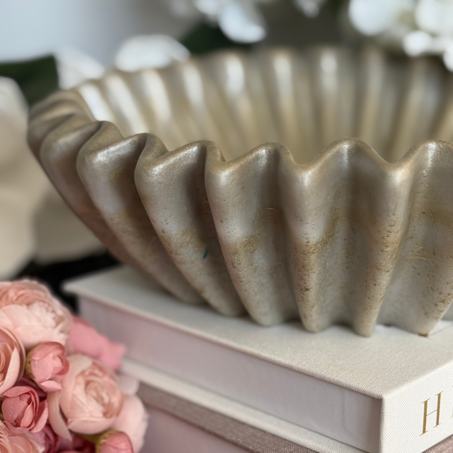 Large Travertine Pleated Resin Bowl - Stone Inspired Minimalist Bowl