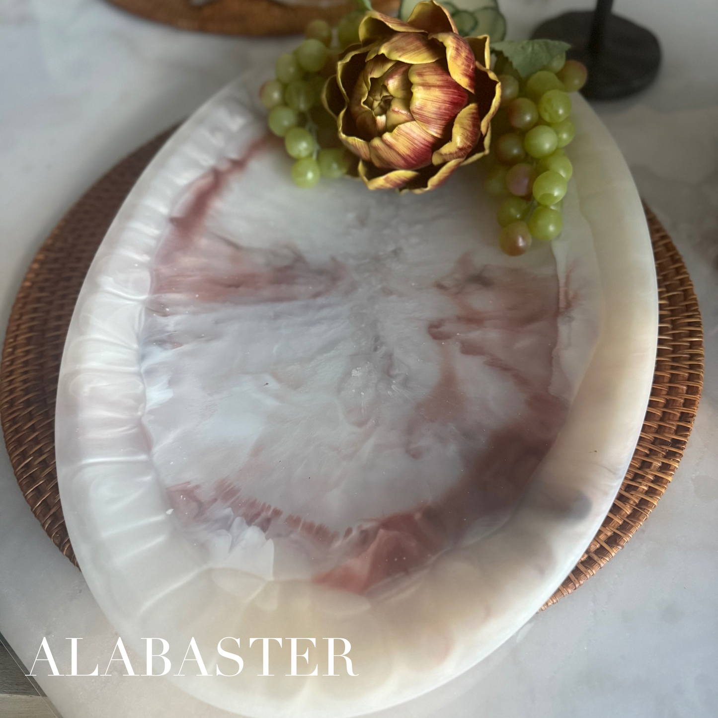 Handcrafted Alabaster / Marble Inspired Platter - Large White and Coral Resin Platter for Home Decor