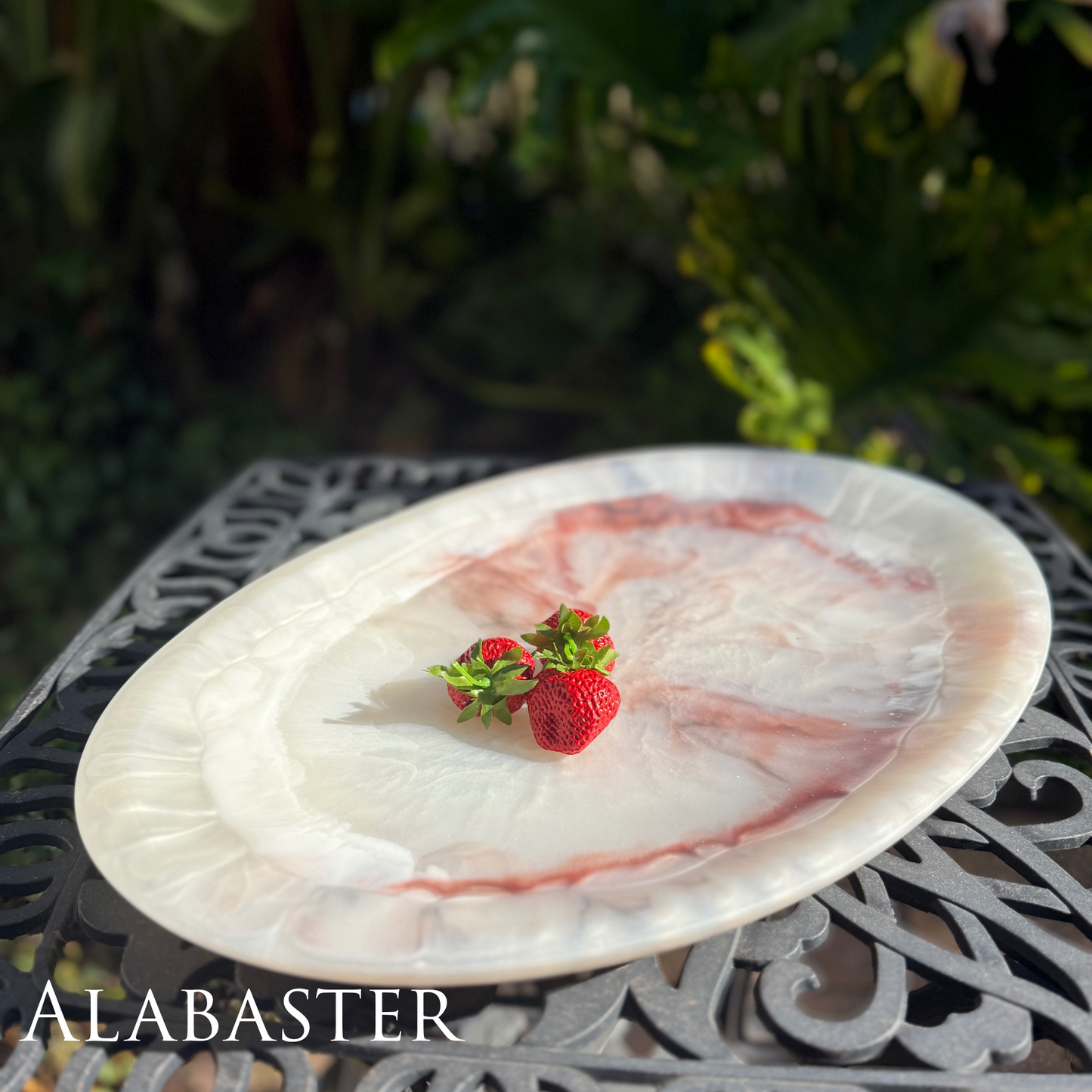 Handcrafted Alabaster / Marble Inspired Platter - Large White and Coral Resin Platter for Home Decor