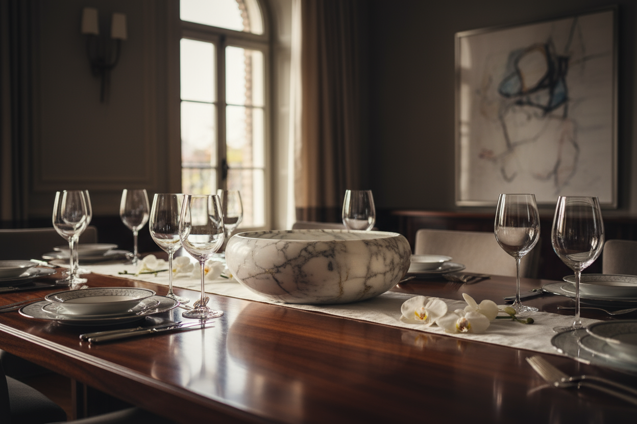 Luxury dining table with a large marble serving bowl sitting on it